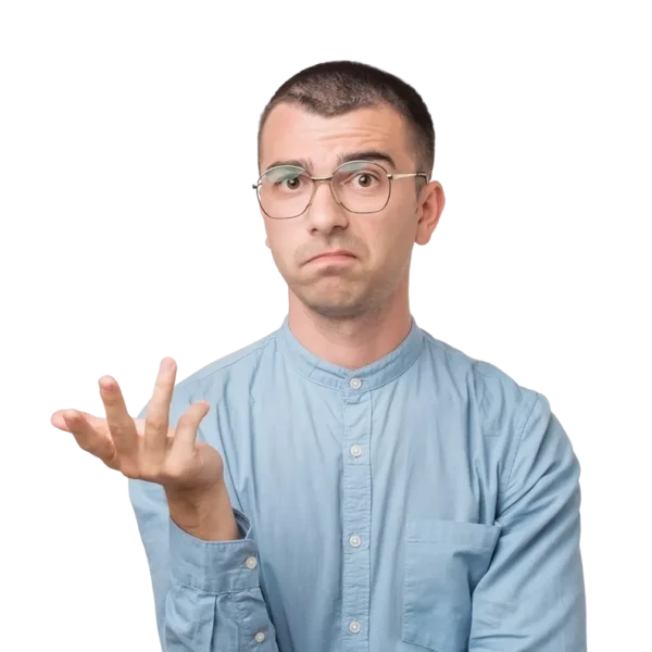 Younger man in glasses with button-up shirt, looking at camera questiononingly with hand raised as if saying, huh?